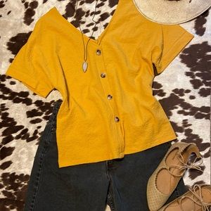 Mustard V-Neck Button Blouse